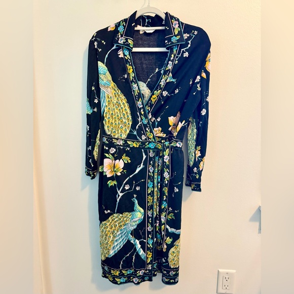 Vintage Dresses & Skirts - Stunning Maurice Black Floral Peacock Long Sleeve Wrap Dress Medium 6-8